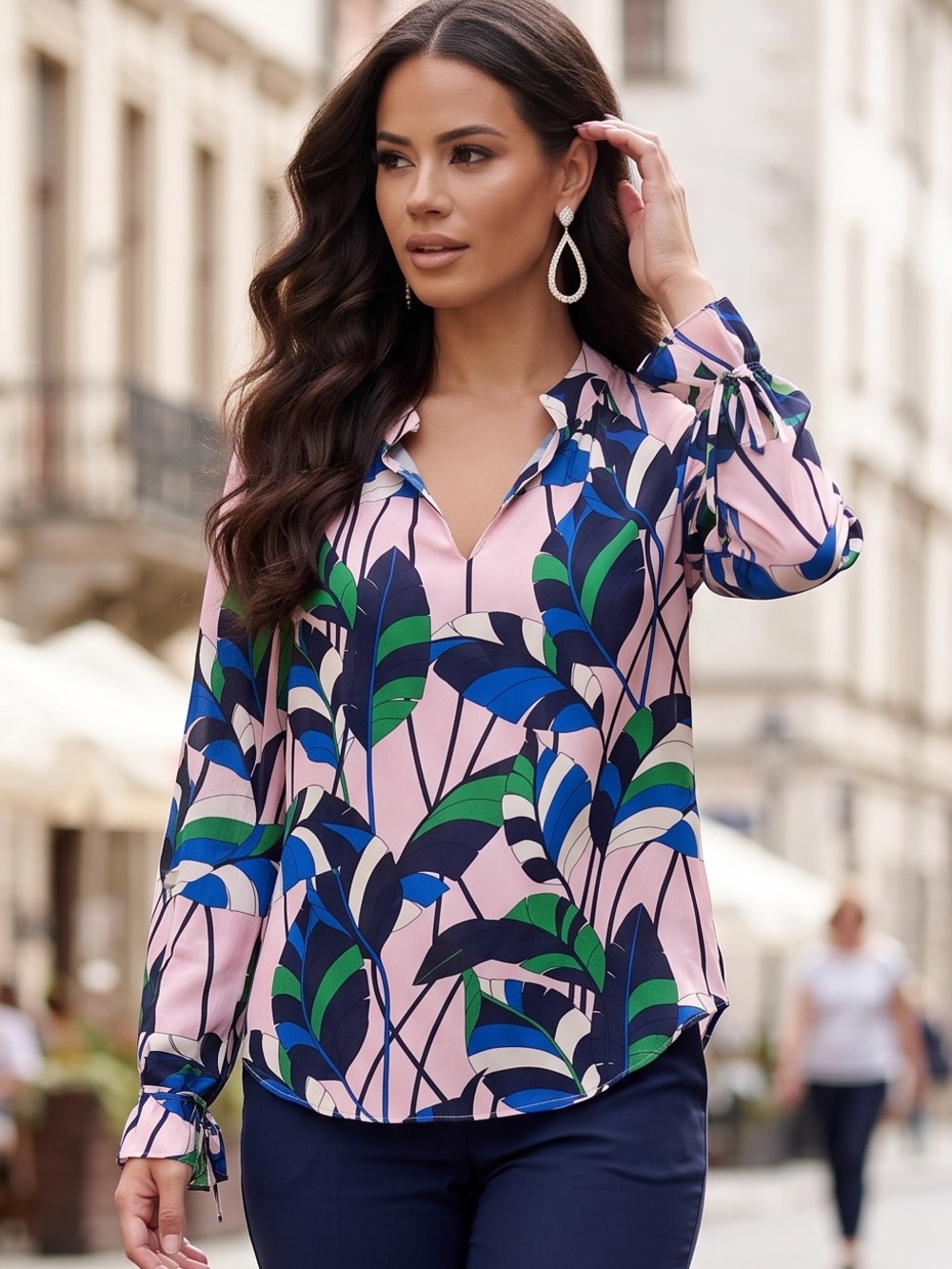 Ann Taylor SILK Pink Blouse with Blue, Green & Navy Leaf Print